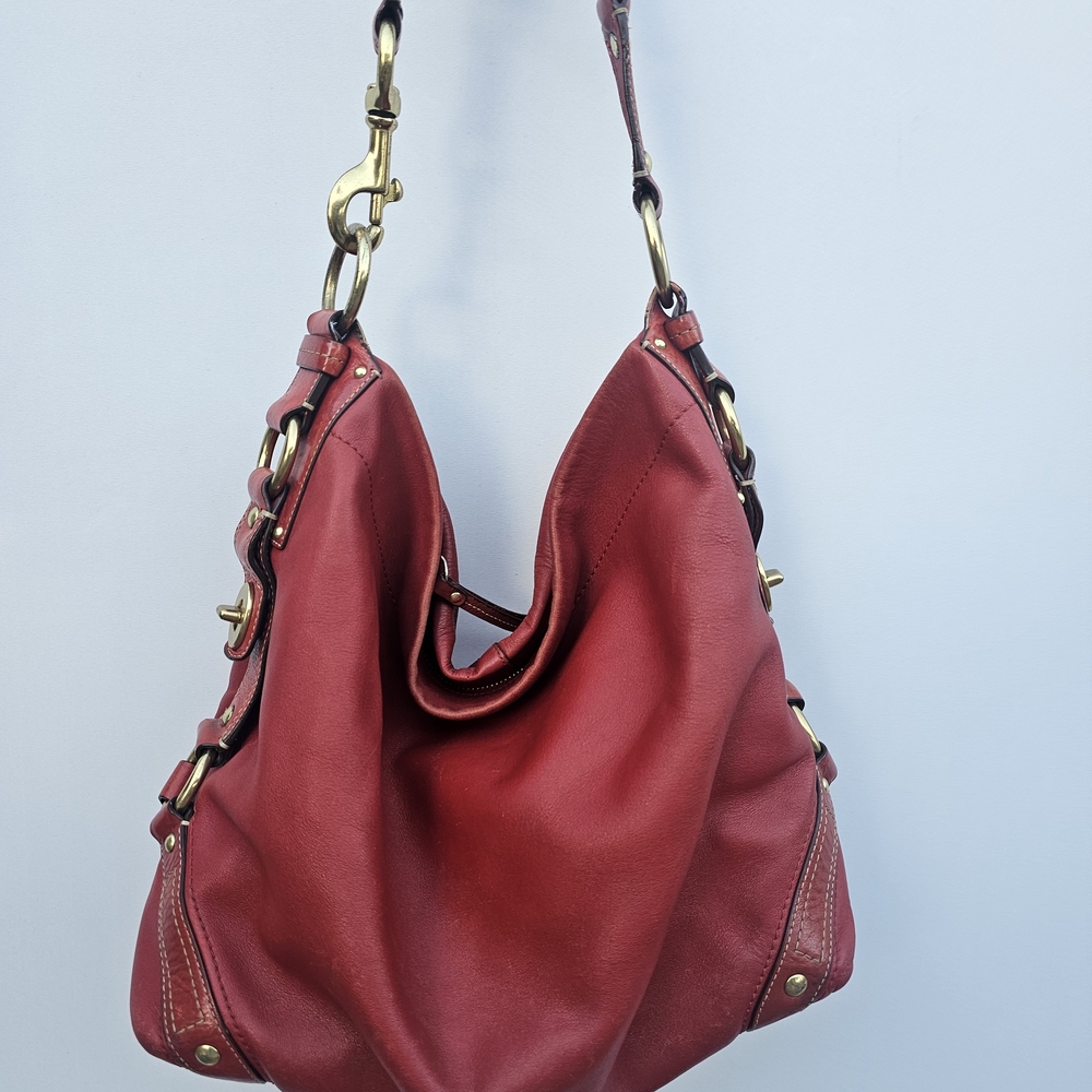 Elegant Red Coach Carly Lsrge Leather Shoulder Bag